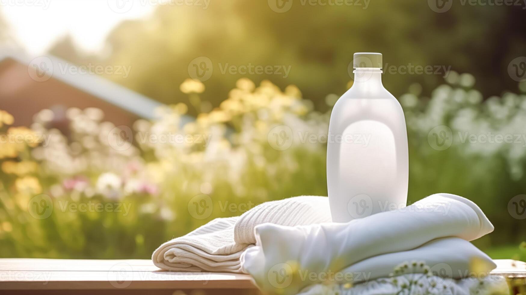 Wäscherei, Hauswirtschaft und Hauswirtschaft, Weiß sauber gefaltet Kleider und Waschmittel Conditioner Flasche im das Garten, Land Hütte Stil, generativ ai foto