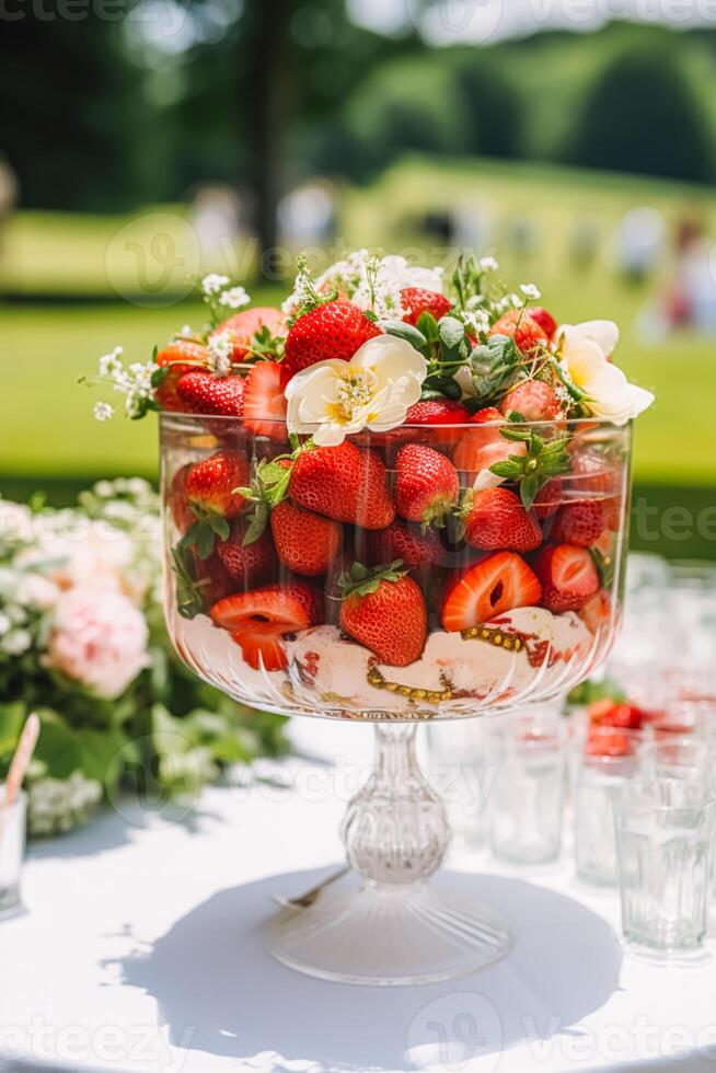 Erdbeere Dessert Buffet Tisch, Essen Gastronomie zum Hochzeit, Party und Urlaub Feier, Erdbeeren Nachspeisen im ein Landschaft Garten, generativ ai foto