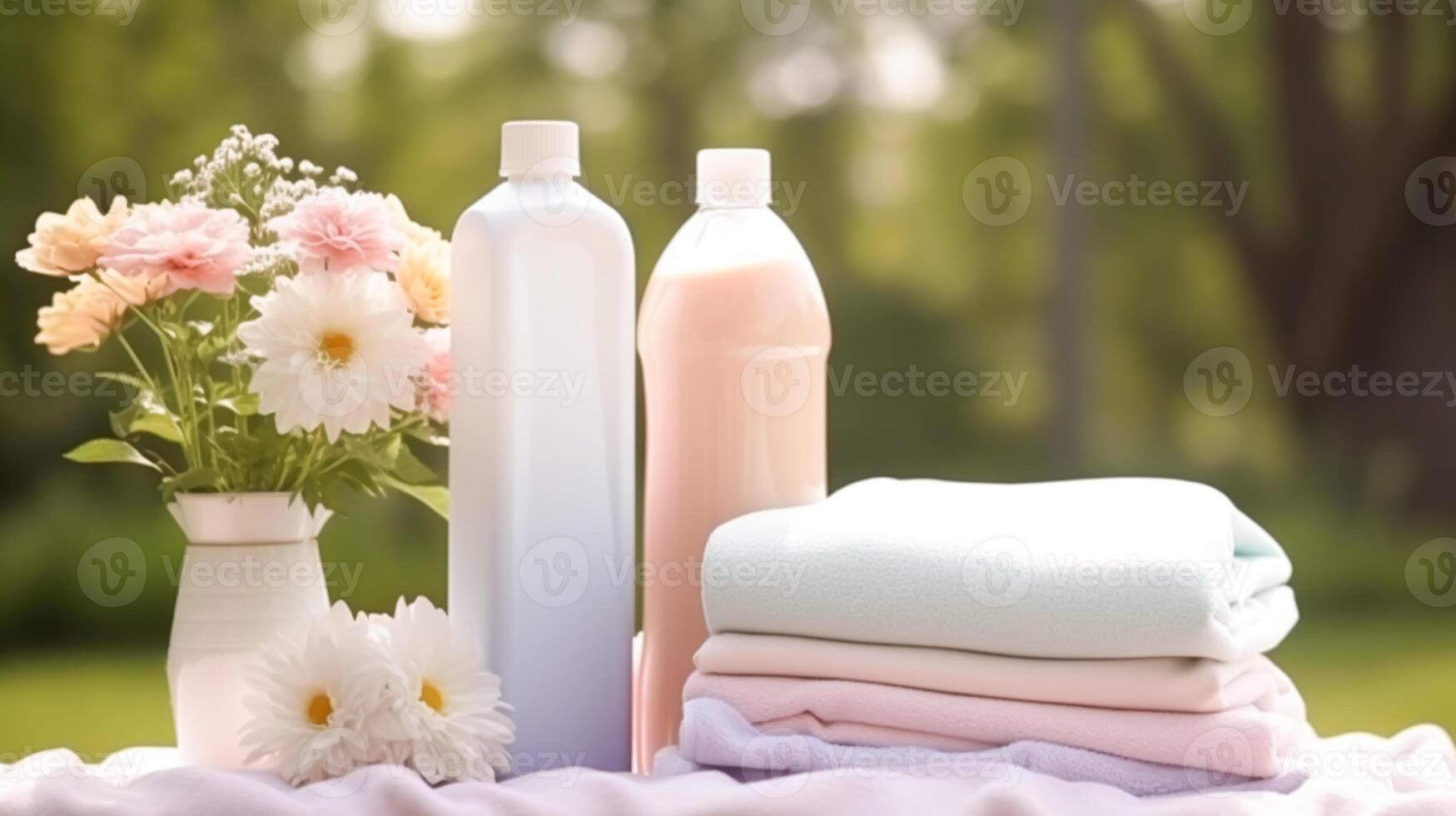 Wäscherei, Hauswirtschaft und Hauswirtschaft, sauber gefaltet Kleider und Waschmittel Conditioner Flaschen im das Garten, Land Hütte Stil, generativ ai foto