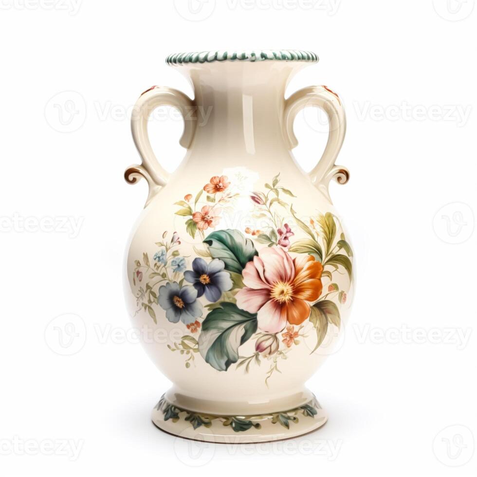 Antiquität Jahrgang Keramik Vase mit Blumen- drucken isoliert auf Weiß Hintergrund, Land Stil Zuhause Dekor und Innere Design, generativ ai foto