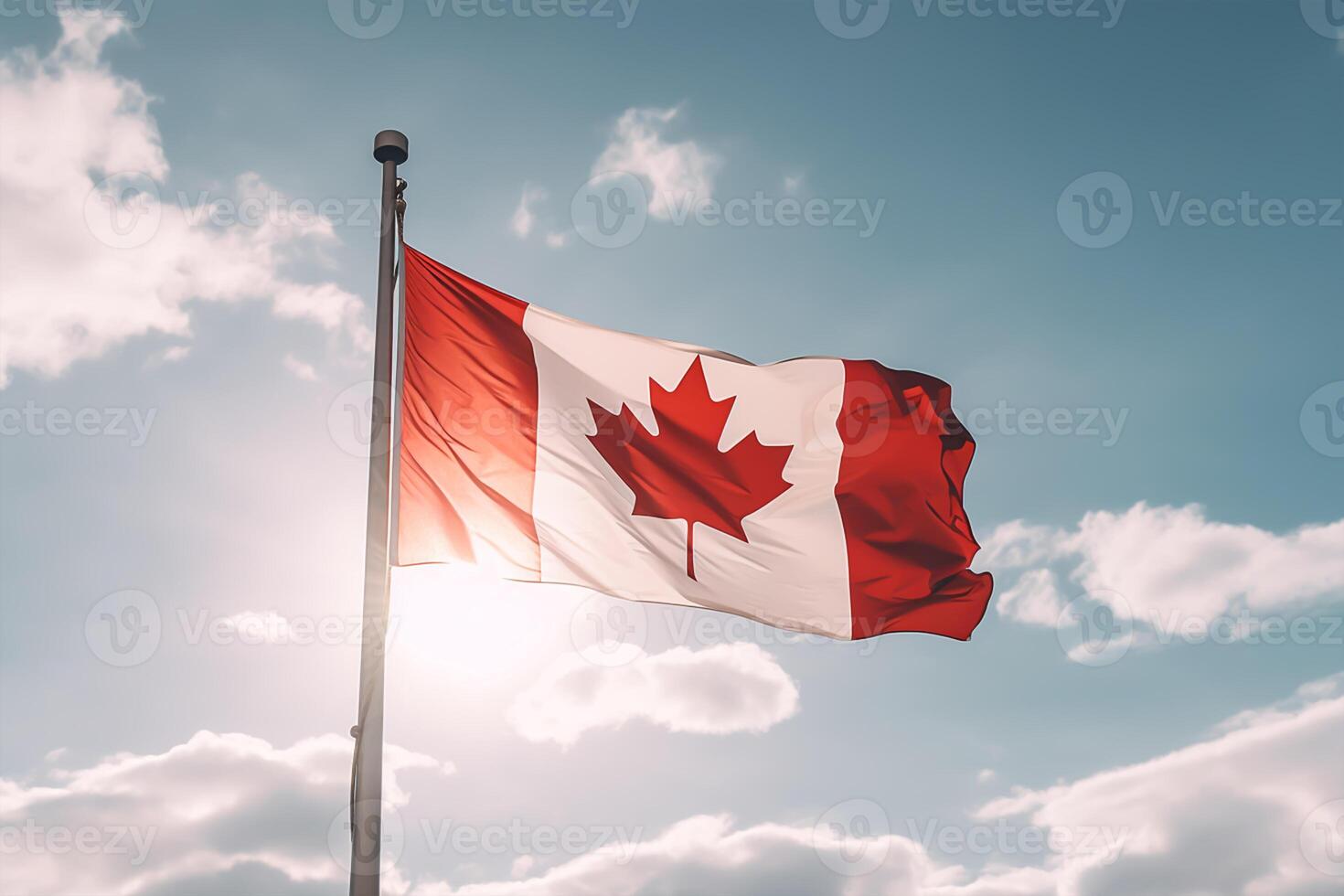 kanadisch Flagge auf klar Blau Himmel. generativ ai foto