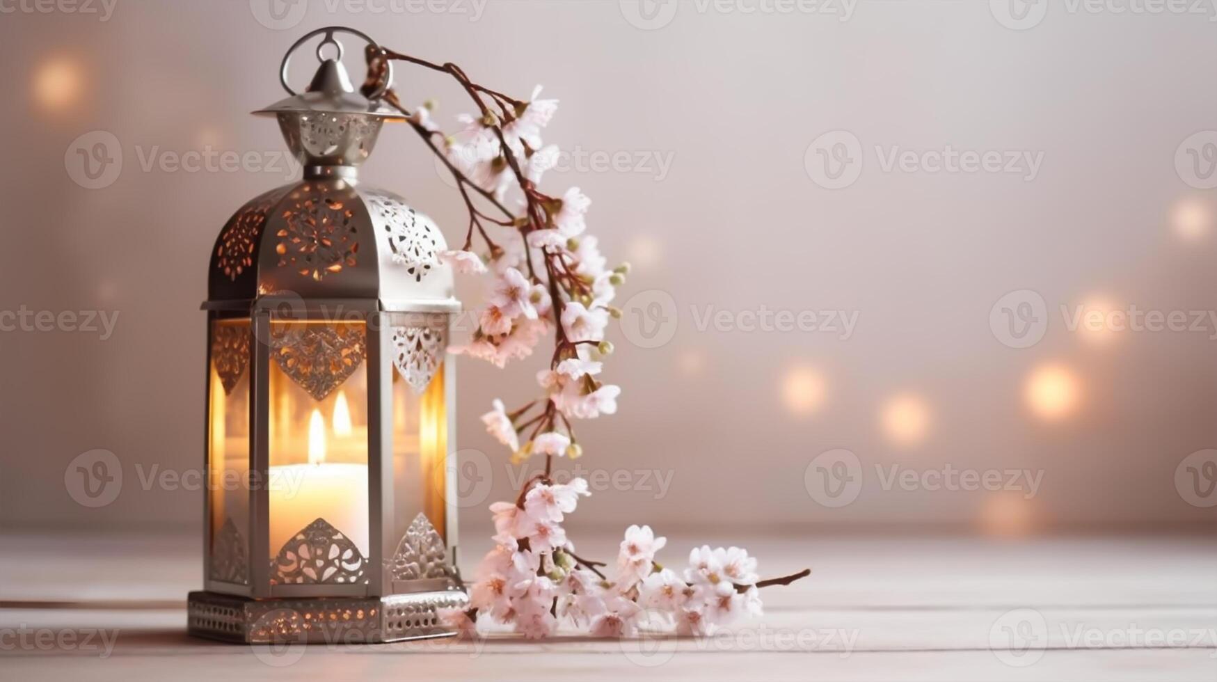 glühend marokkanisch Laterne mit Prunus Baum Blüten auf Tisch. generativ ai foto