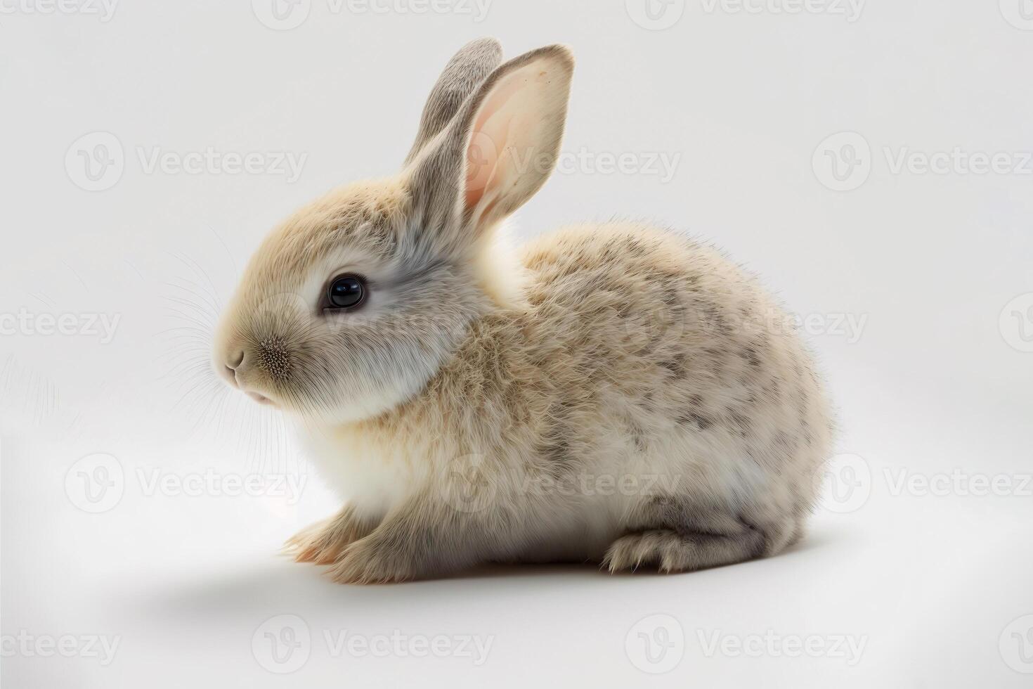 Vorderseite Aussicht von süß Baby Kaninchen auf Weiß Hintergrund , wenig süß Kaninchen Sitzung mit schön Aktion auf Weiss, generativ ai foto