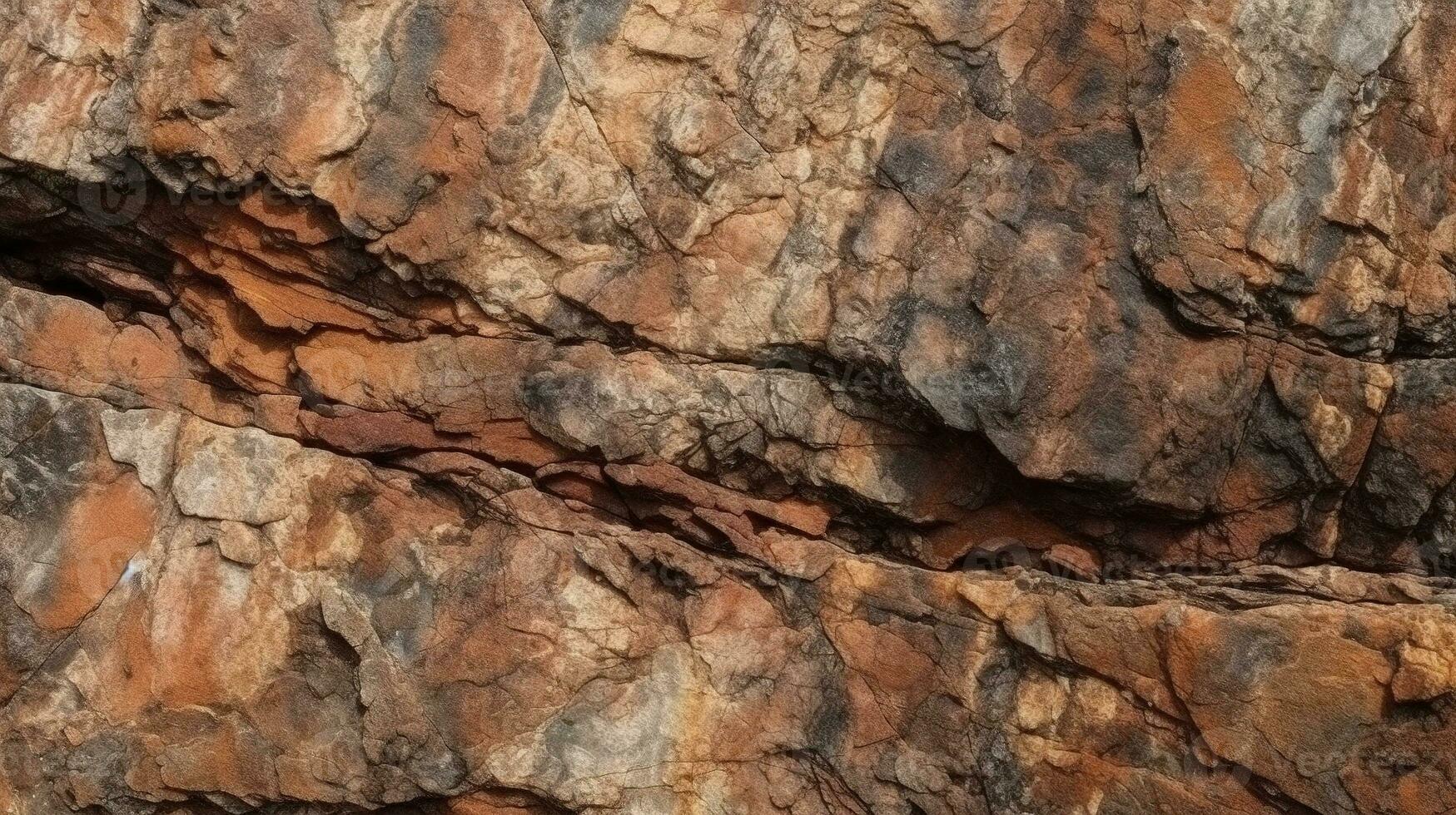 braun Felsen Textur mit Risse Nahansicht Rau Berg Oberfläche. Stein Granit Hintergrund zum Design Natur foto