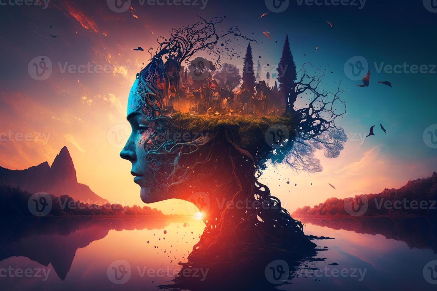 träumend, mental Gesundheit, Energie und Spiritualität, Fantasie psychologisch Konzept. Profil weiblich Kopf Silhouette bunt surreal Bewusstsein. generativ ai Illustration foto