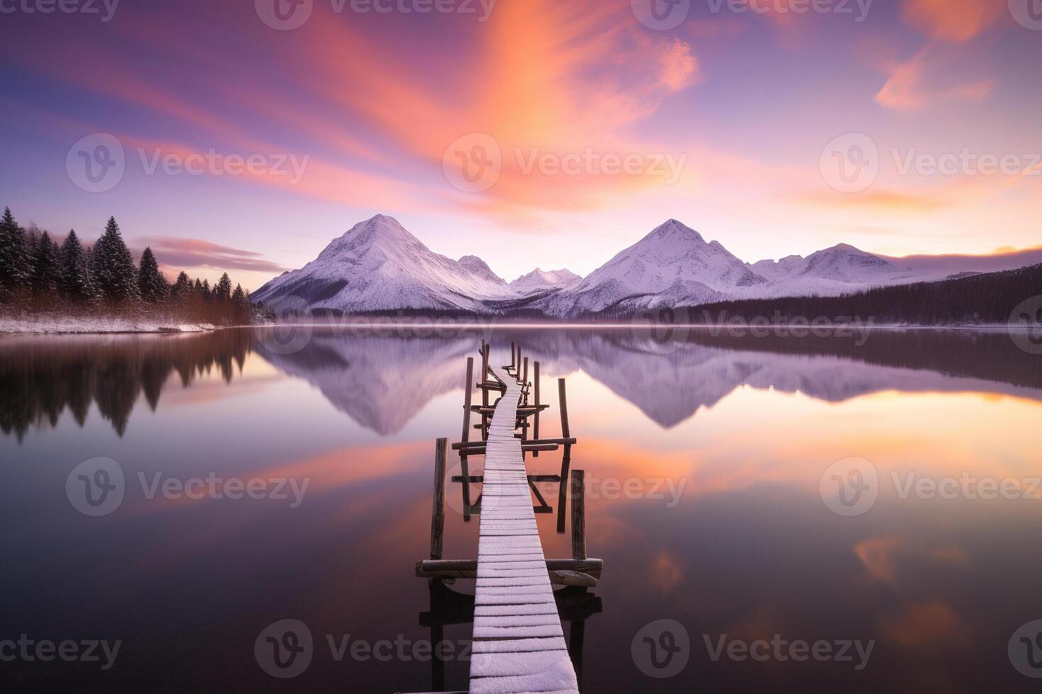 das Landschaft von ein Seebrücke mit Schnee auf es durch das See mit schneebedeckt Berg Hintergrund. ai generiert foto