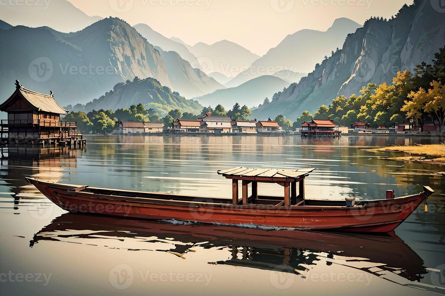 Chinesisch Landschaft mit traditionell Häuser und Kanus auf das See ai generiert foto