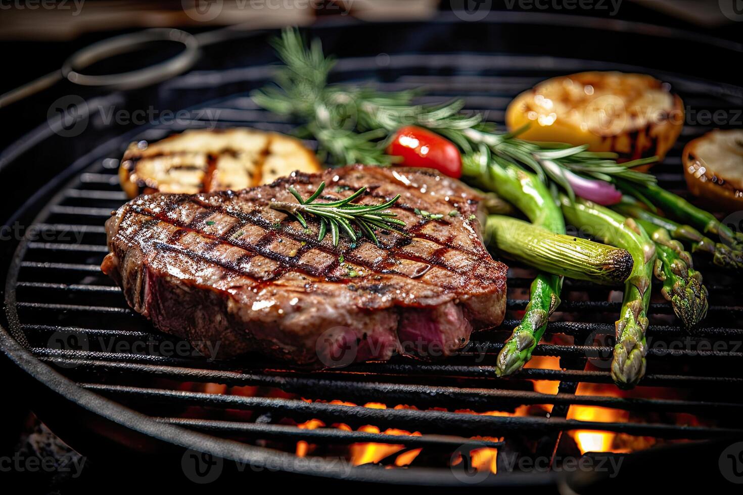 brutzelnd Steak Freude. perfekt gegrillt. Mittel Selten saftig Steak mit Rosmarin ai generiert foto