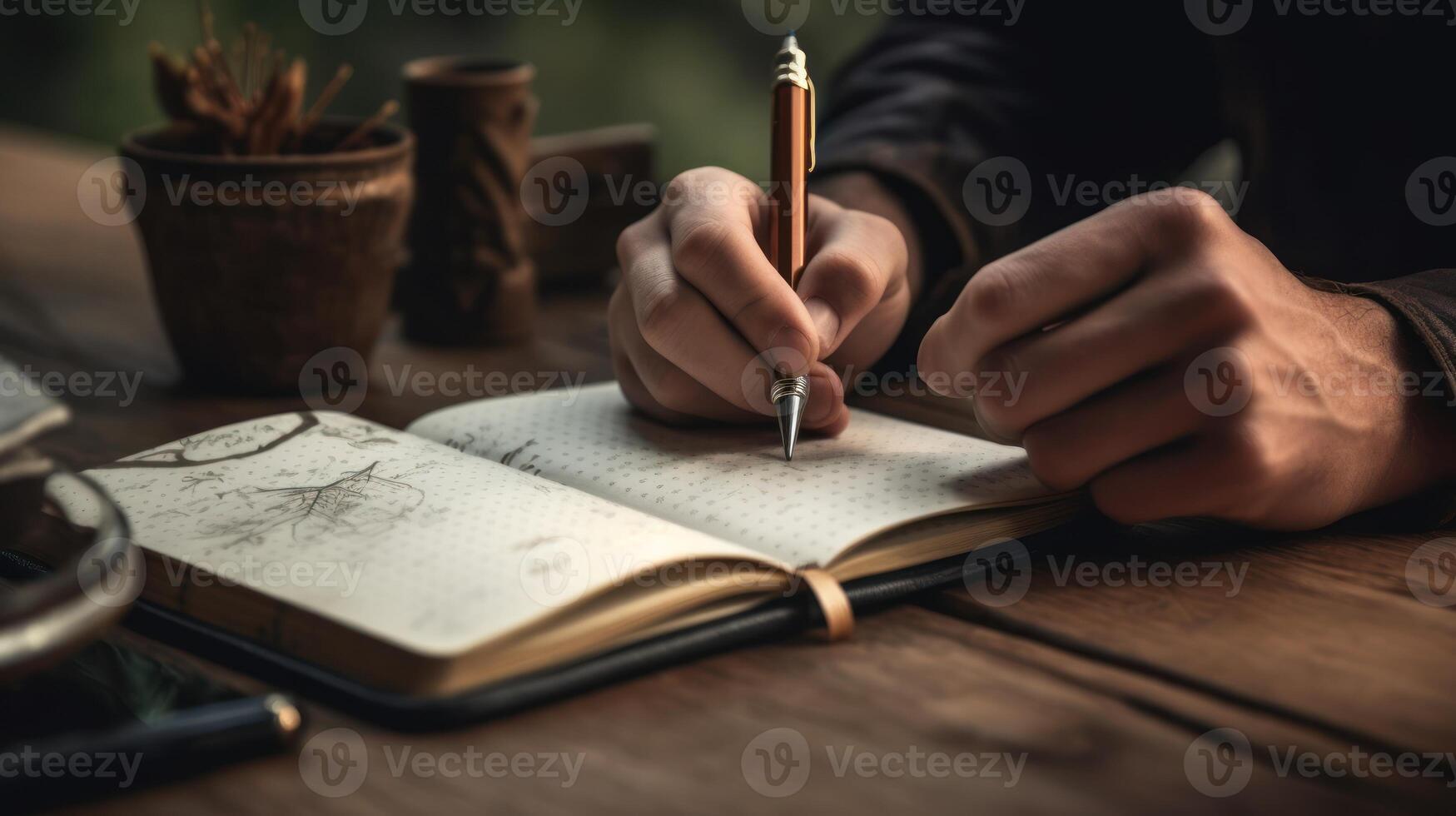 ein Person Schreiben im ein Notizbuch oder Tagebuch mit ein Stift, Erfassen ihr Gedanken oder Ideen im ein ruhig Einstellung. ai generiert foto