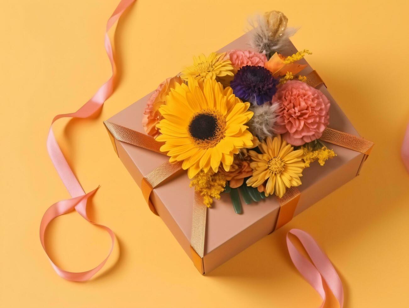 Blumen- Geschenk Komposition zum Besondere Feierlichkeiten mit Kopieren Raum foto