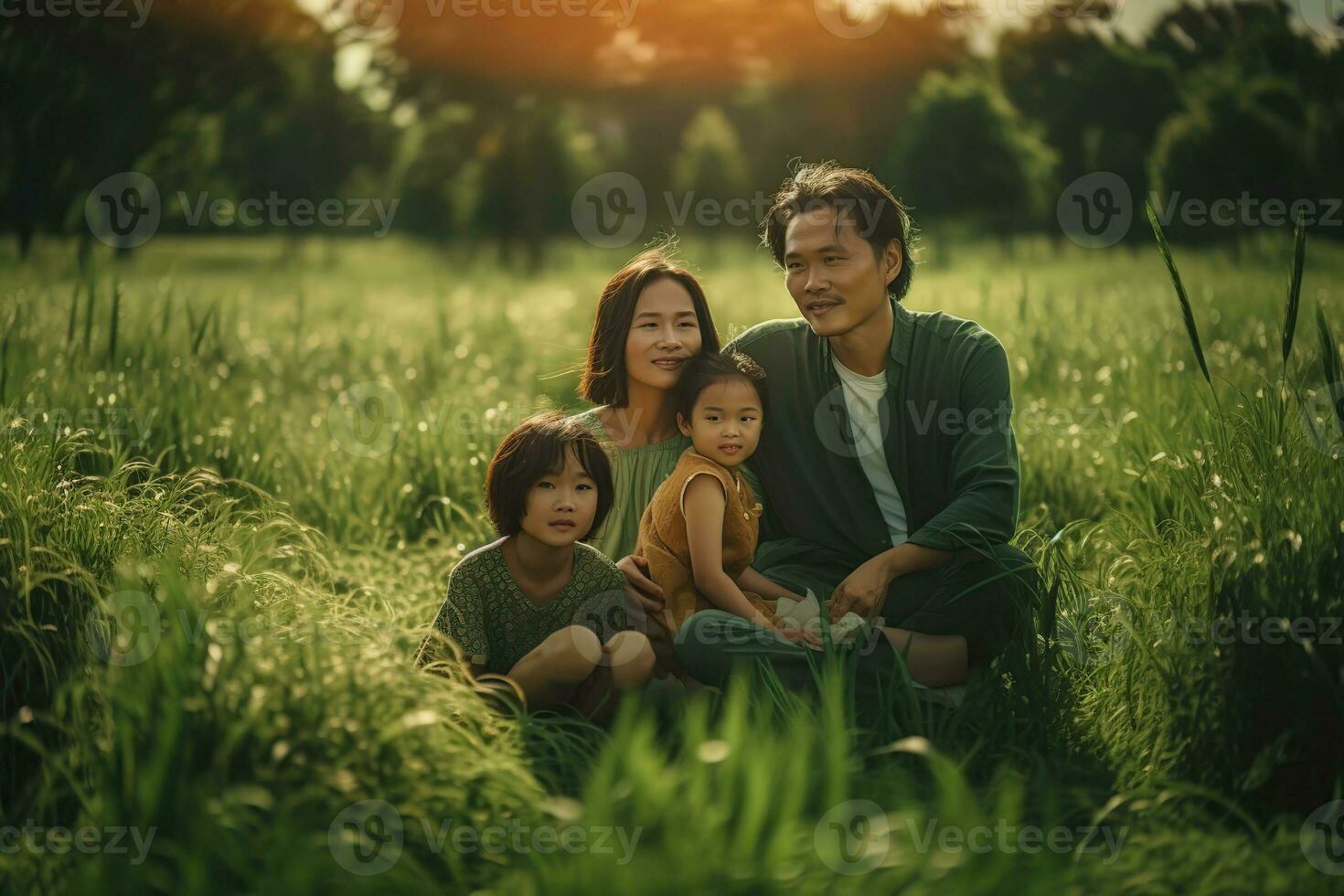 glücklich jung Familie Sitzung im ein Wiese. generativ ai Illustration. foto