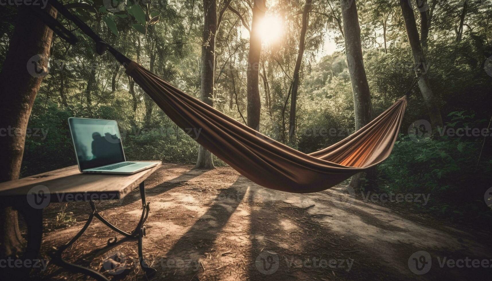 Männer Sitzung im Hängematte, genießen Natur Ruhe generiert durch ai foto