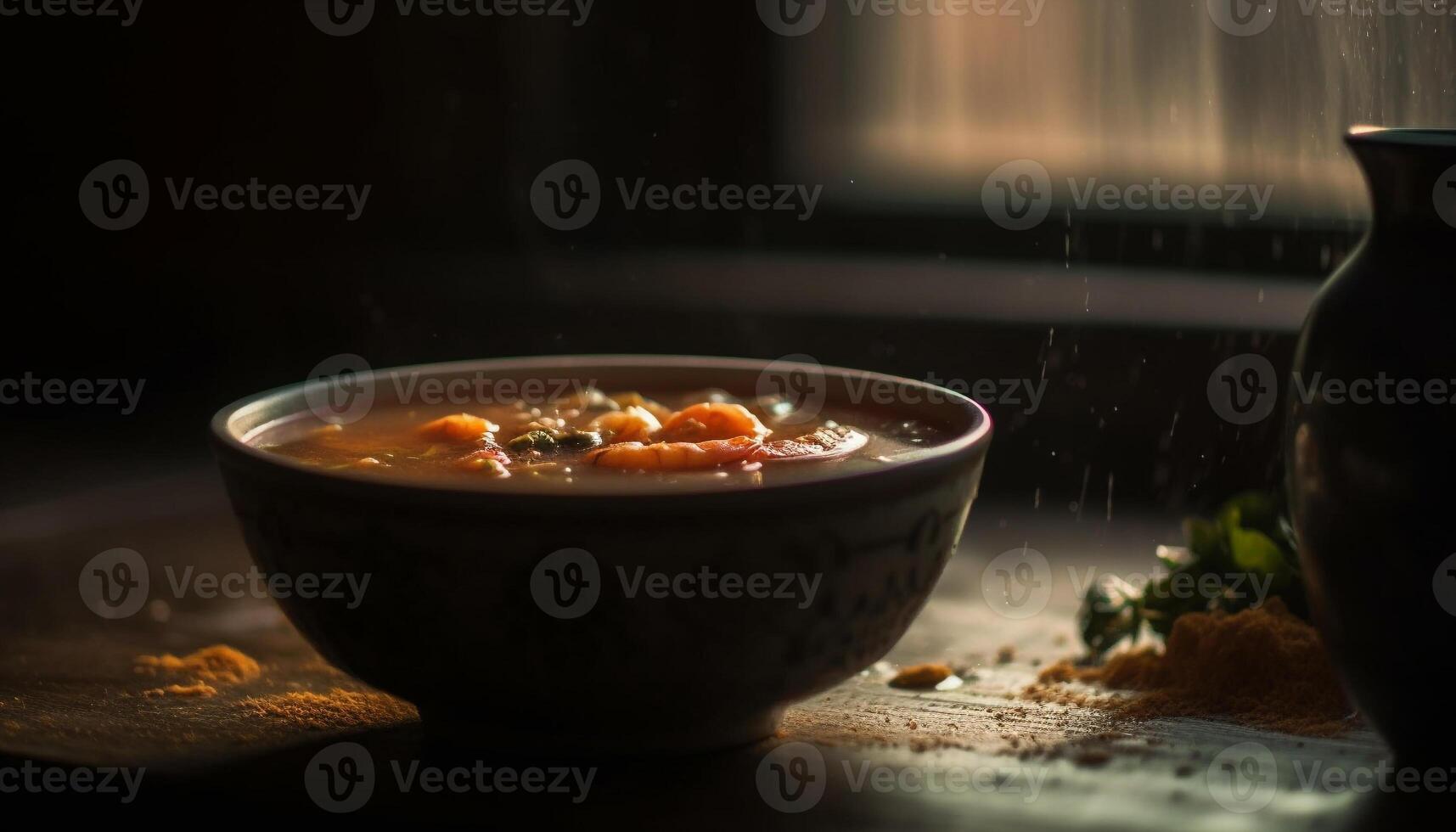 gesund Vegetarier Suppe im rustikal hölzern Schüssel generiert durch ai foto