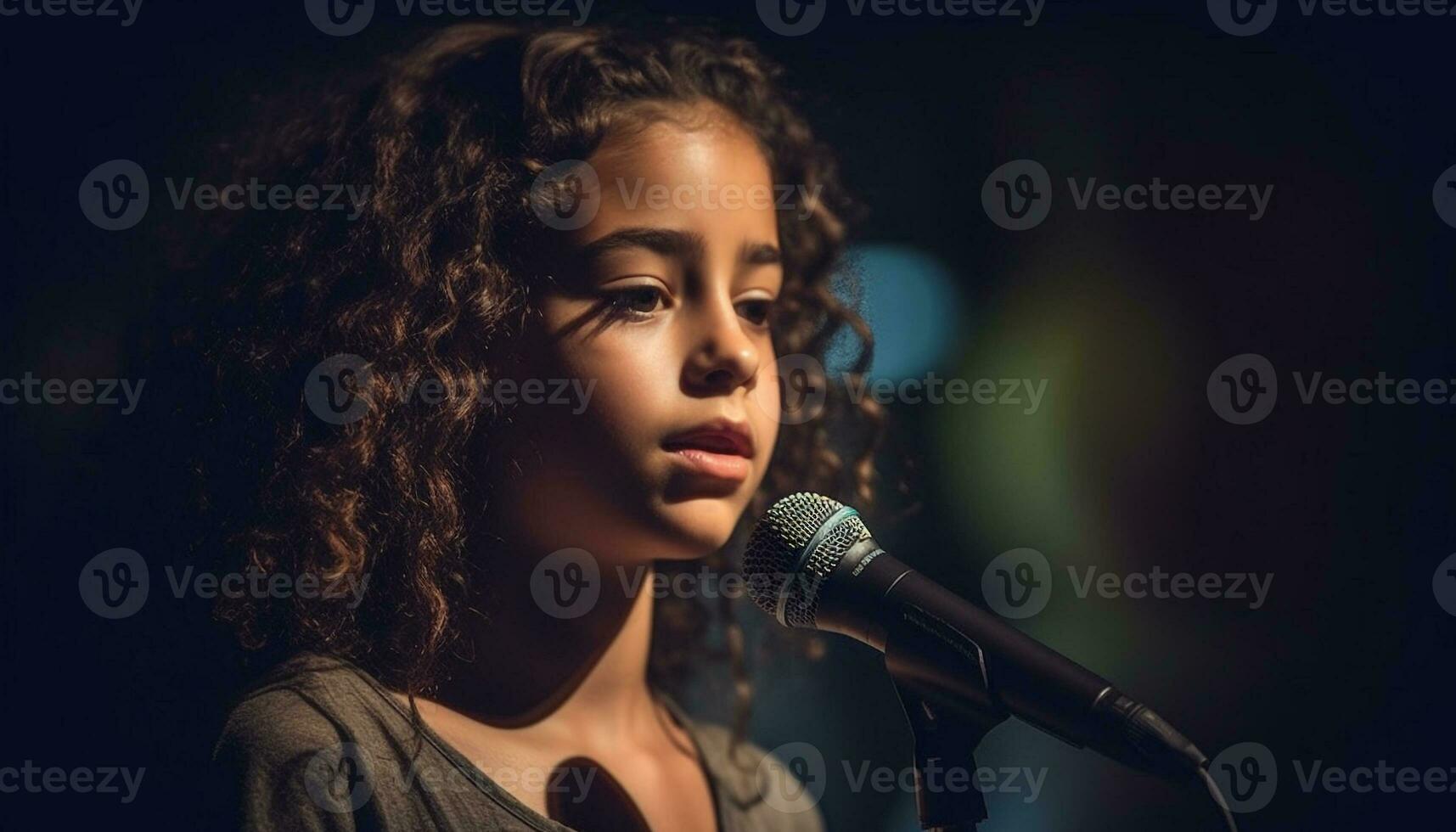 jung Erwachsene Sänger auf Bühne durchführen Musik- generiert durch ai foto