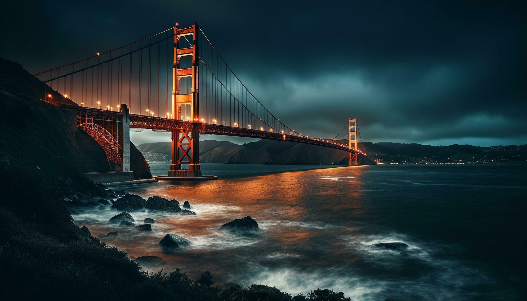 beleuchtet Suspension Brücke Über Blau Wasser beim Dämmerung generiert durch ai foto