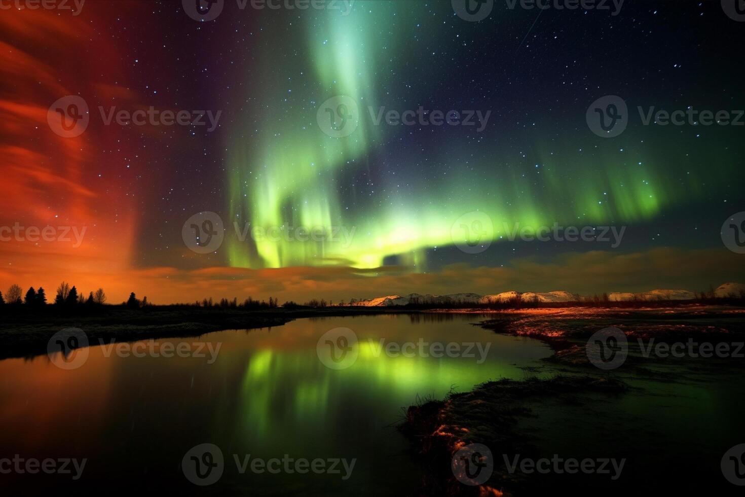 Aurora Landschaft mit Nord Beleuchtung, generativ ai foto