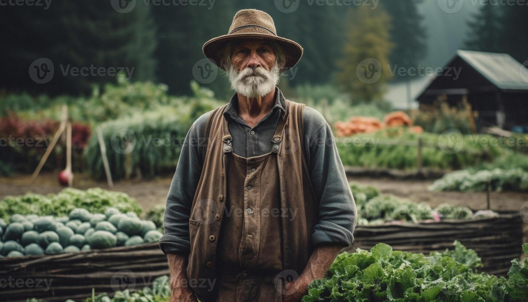 aktiv Senior Farmer halten frisch organisch Gemüse im ländlich Garten generativ ai foto