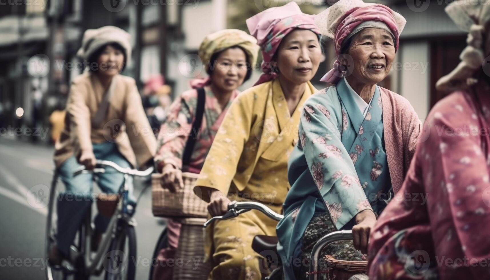 einheimisch Frauen Zyklus durch Stadt Straßen im traditionell Kleidung, lächelnd generativ ai foto