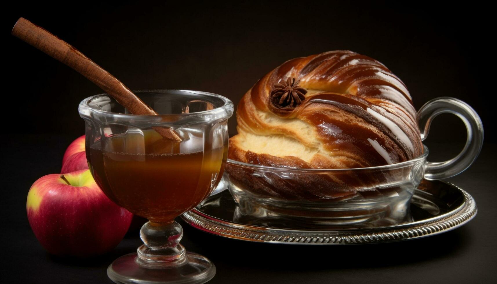 gesund Mahlzeit von gebacken brot, Apfel, und heiß Tee generiert durch ai foto