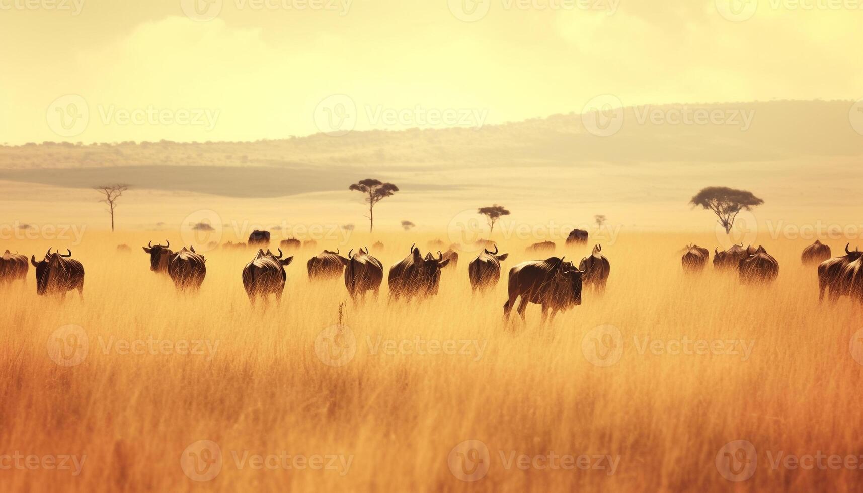 Sonnenuntergang Silhouette von groß Herde Weiden lassen im afrikanisch Savanne Wiese generiert durch ai foto