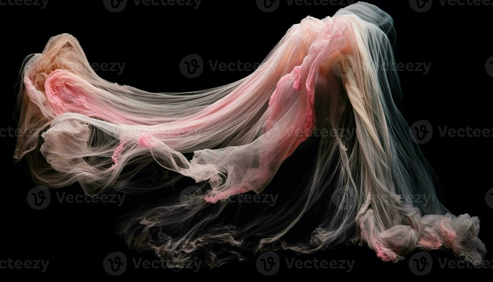glatt Seide Schleier schwebt im fließend Bewegung auf schwarz Hintergrund generiert durch ai foto