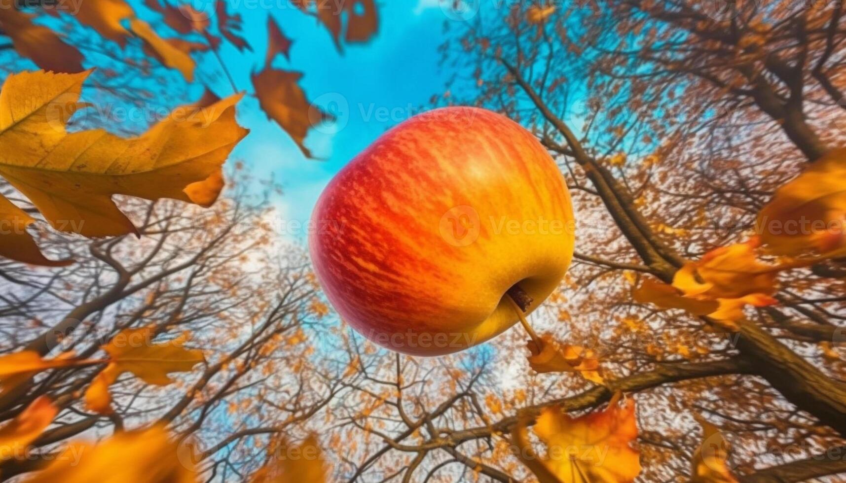 reif Apfel auf organisch Baum im beschwingt Herbst Wald Landschaft generiert durch ai foto