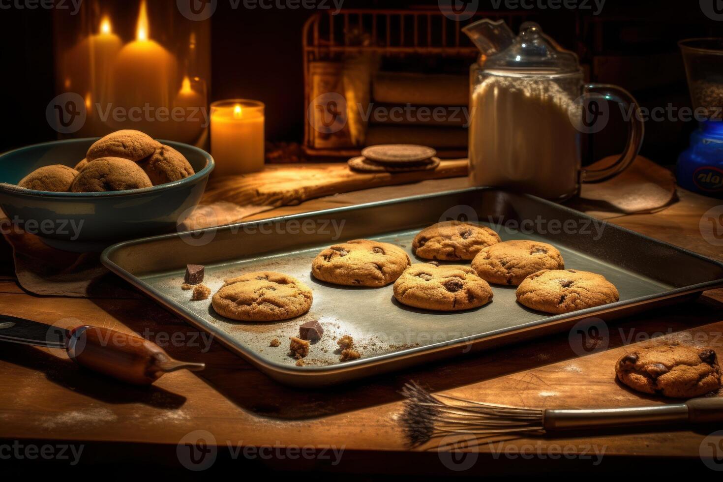 Lager Foto von machen Kekse im Vorderseite Ofen und Zeug Essen Fotografie generativ ai