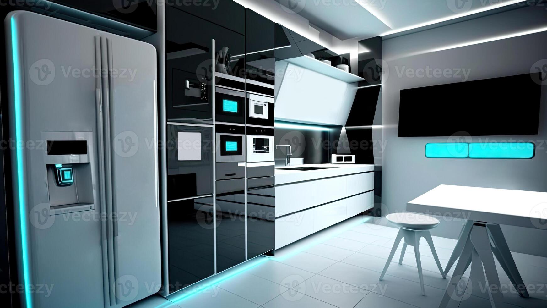 Küche mit Clever Haushaltsgeräte mit Anzeige Bildschirm und ein Clever Ofen mit sprachgesteuert Einstellungen, Konzept von Clever Zuhause und künstlich Intelligenz, erstellt mit generativ ai Technologie foto