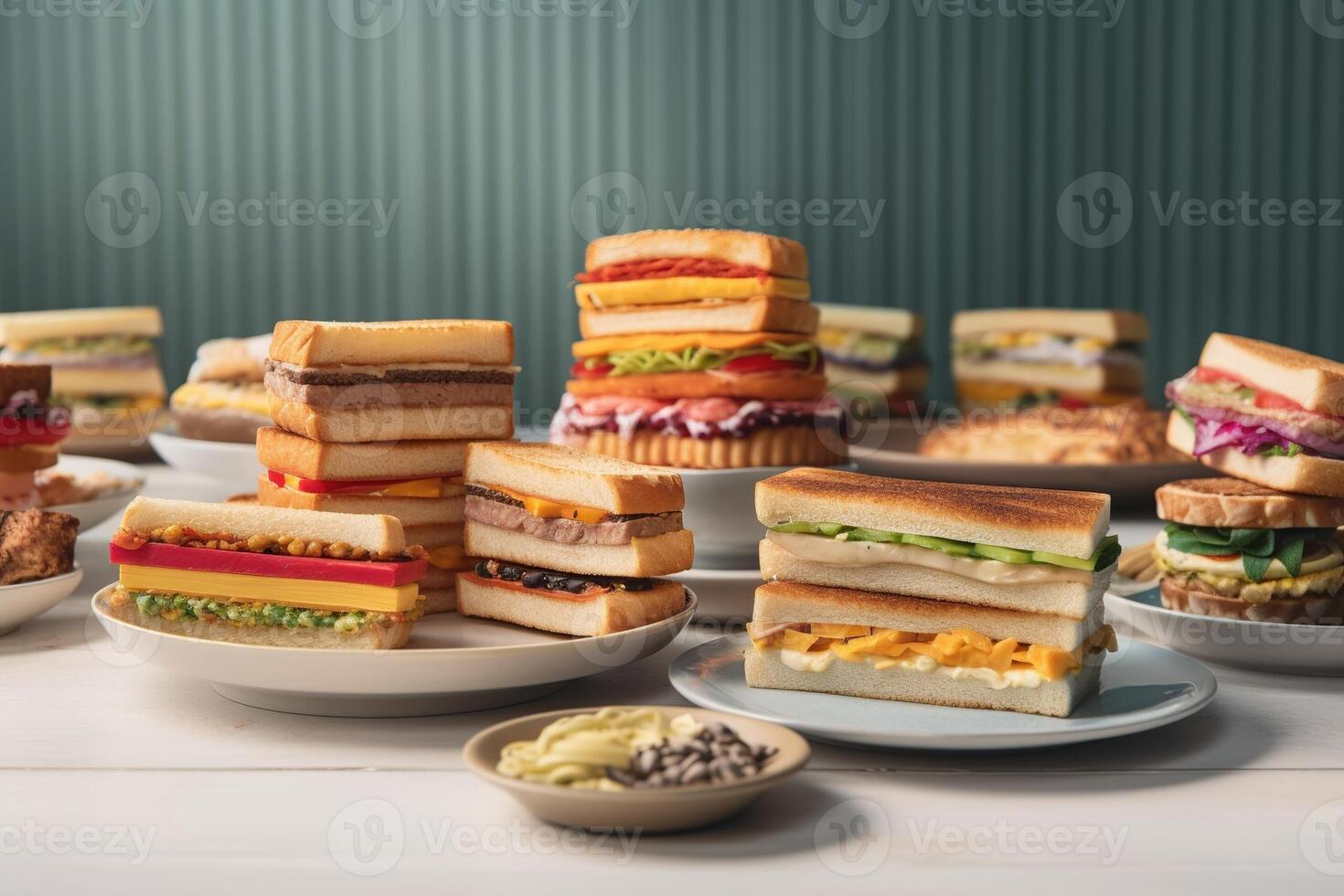 Lager Foto von ein Menge von Sandwich auf Teller Yummi Wüste Essen Fotografie generativ ai