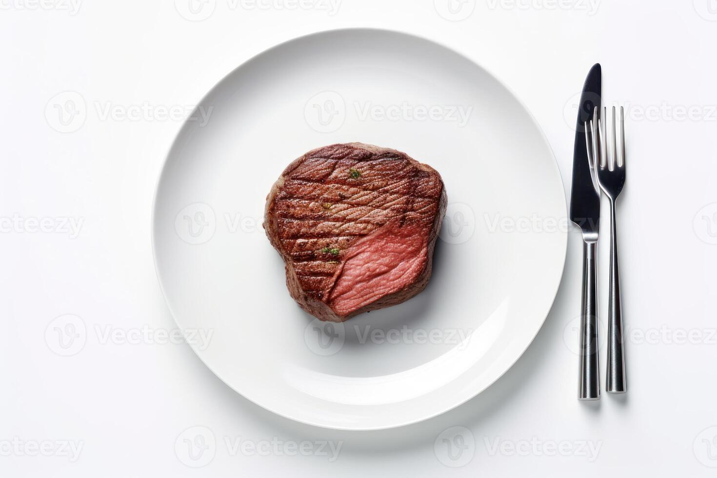 Lager Foto von wagyu Rindfleisch Steak braten im Teller mit Messer und Gabel Essen Fotografie generativ ai