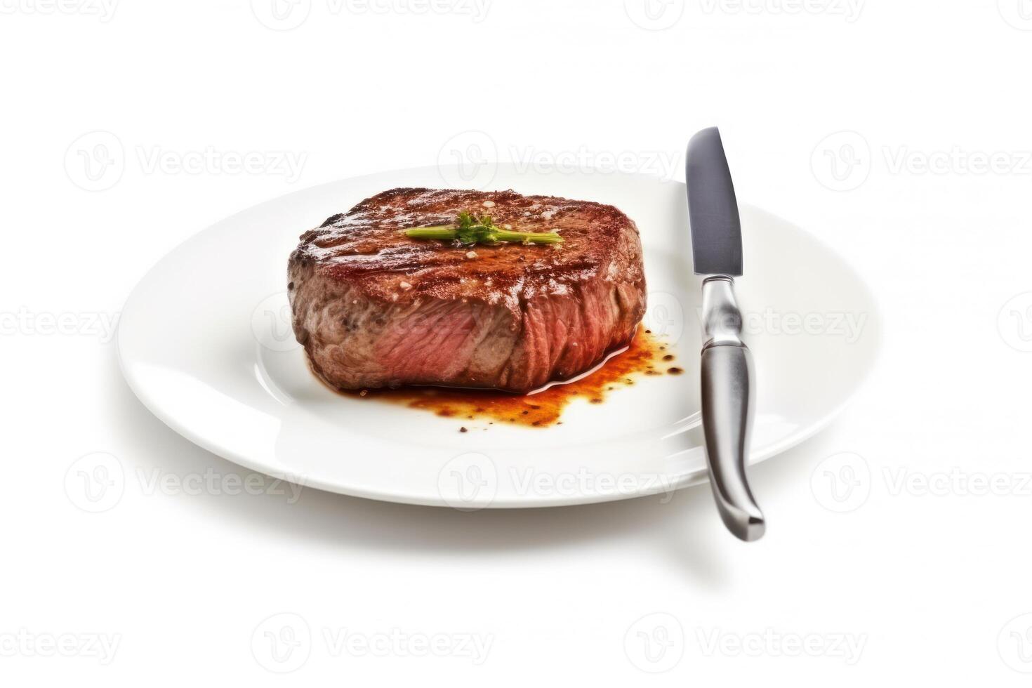 Lager Foto von wagyu Rindfleisch Steak braten im Teller mit Messer und Gabel Essen Fotografie generativ ai