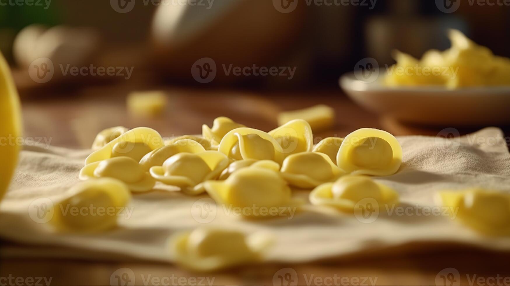 Lager Foto von hyperrealistisch Porträt von Tortellini Italien Essen Fotografie generativ ai