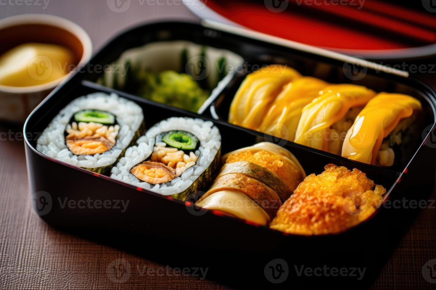 Lager Foto von Tamagoyaki japanisch gerollt Omelette im Bento mit Reis Essen Fotografie generativ ai