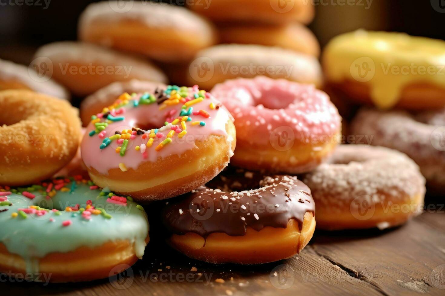 Donuts im das Küche Tabelle Essen Fotografie ai generiert foto
