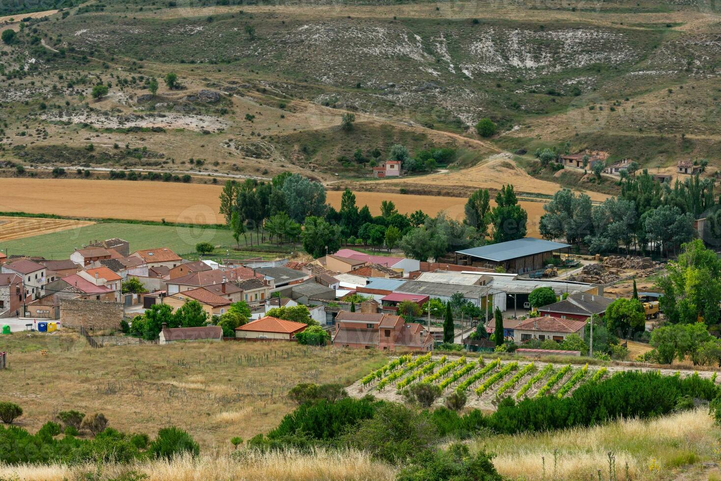 traditionell Dorf auf das kastilisch Plateau im Spanien mit romanisch katholisch Kirche foto