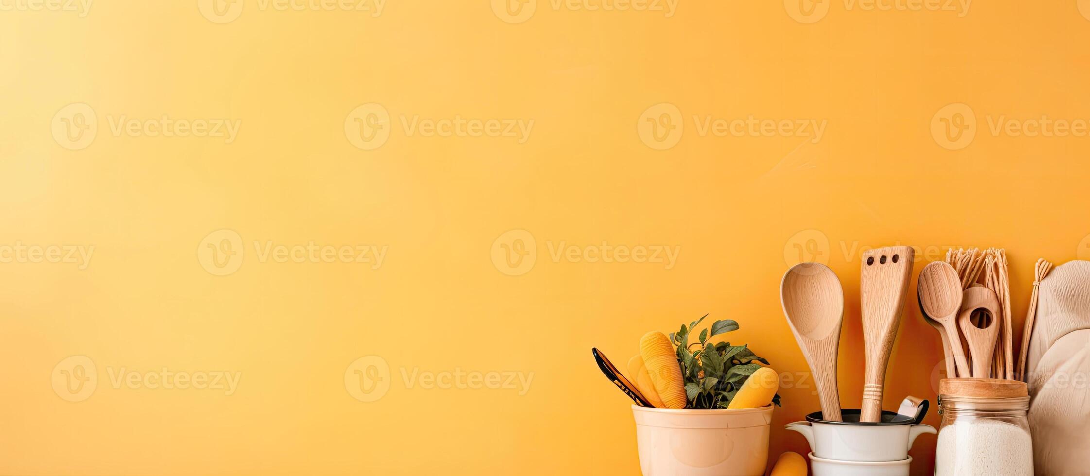 ein Gelb Mauer mit Utensilien und andere Küche Utensilien erstellt mit generativ ai Technologie foto