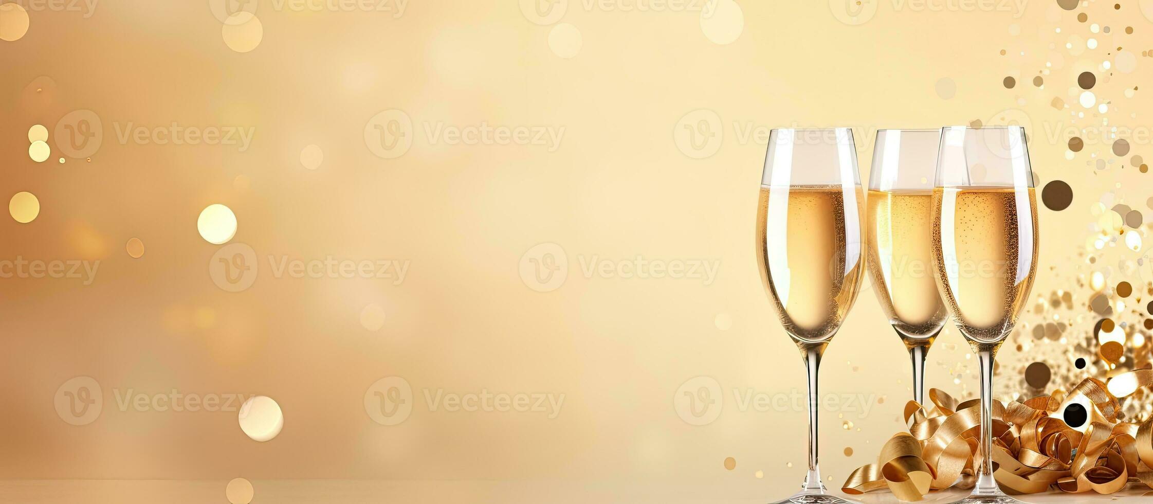 drei Brille von Champagner auf ein Tabelle mit Gold Konfetti erstellt mit generativ ai Technologie foto