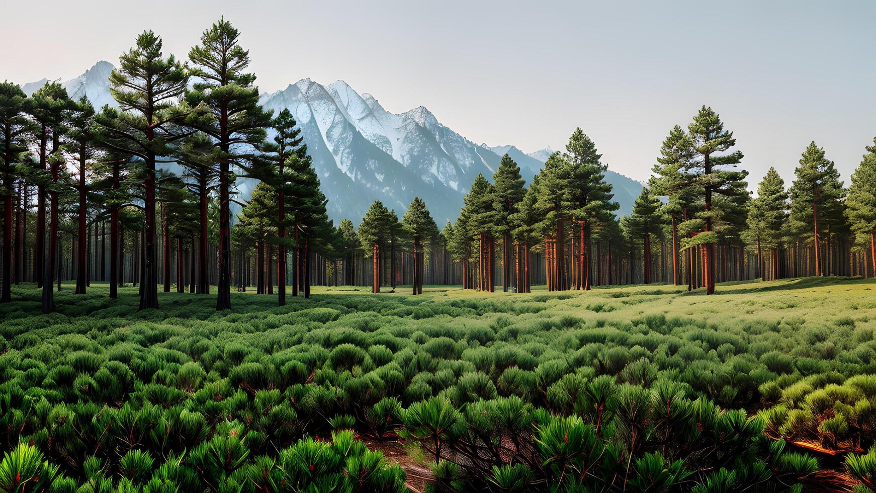 Natur Landschaft das Bäume im das Kiefer Wald auf ein klar Sommer- Tageslicht mit Grün Gras Muster erstellt mit generativ ai Technologie foto