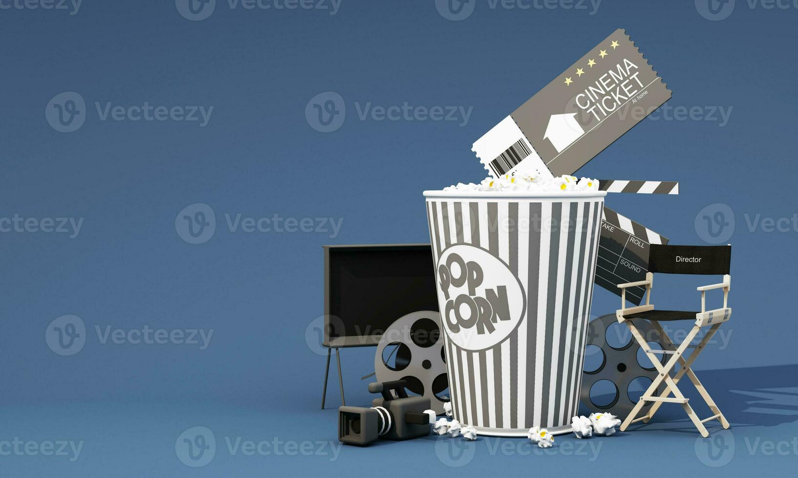 Film Zeit 3d machen Illustration. Kino Poster Konzept auf Farbe Hintergrund. Komposition mit Popcorn, Klappe, 3d Brille und Filmstreifen. Kino Banner Design zum Film Theater. foto