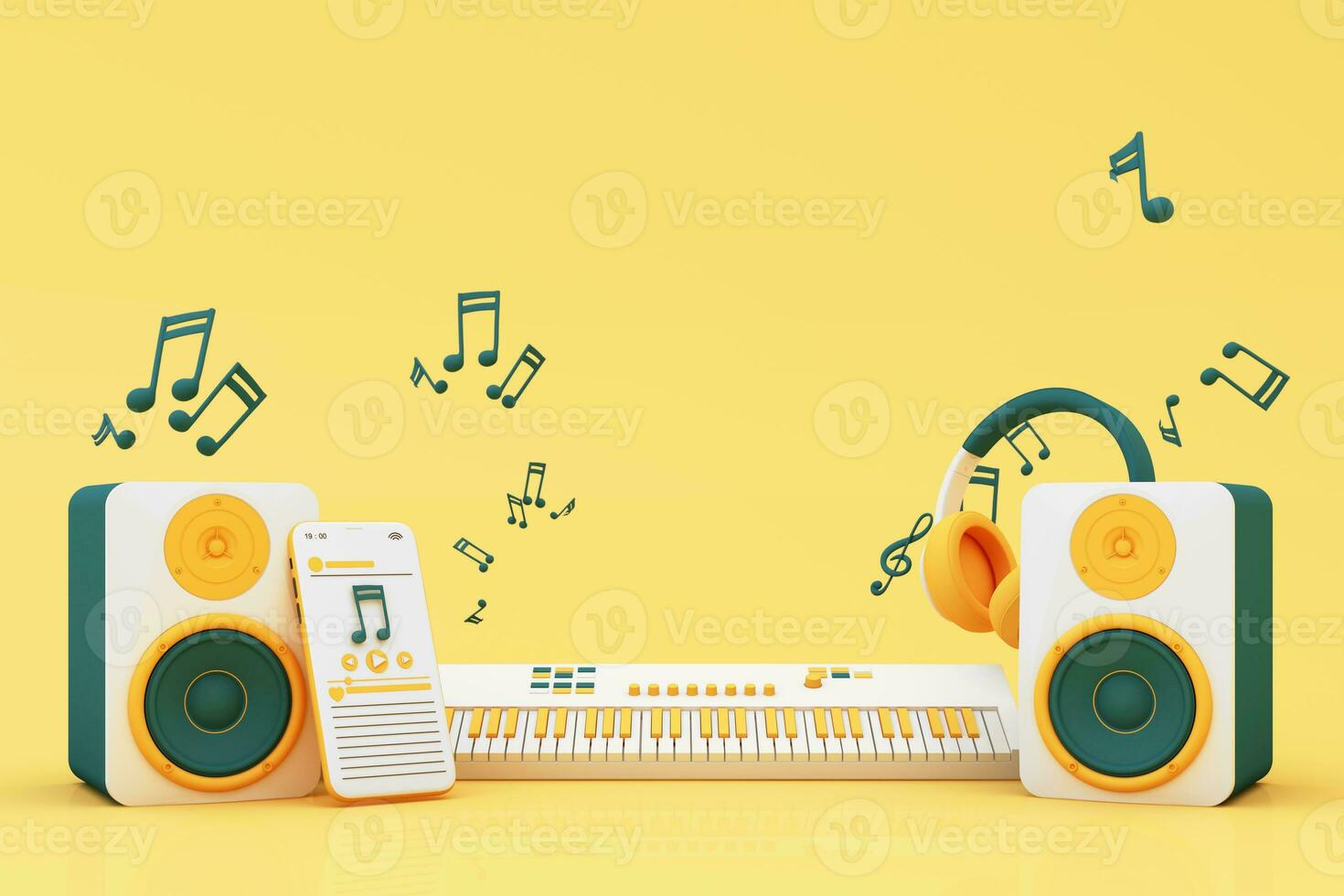 Kopfhörer und Smartphone mit Musik- Anmerkungen schwebend auf Gelb Hintergrund umgeben durch Lautsprecher mit Musical Instrumente. Konzept von Spaß Lied oder Musik- Festival. 3d machen Illustration Karikatur Stil foto