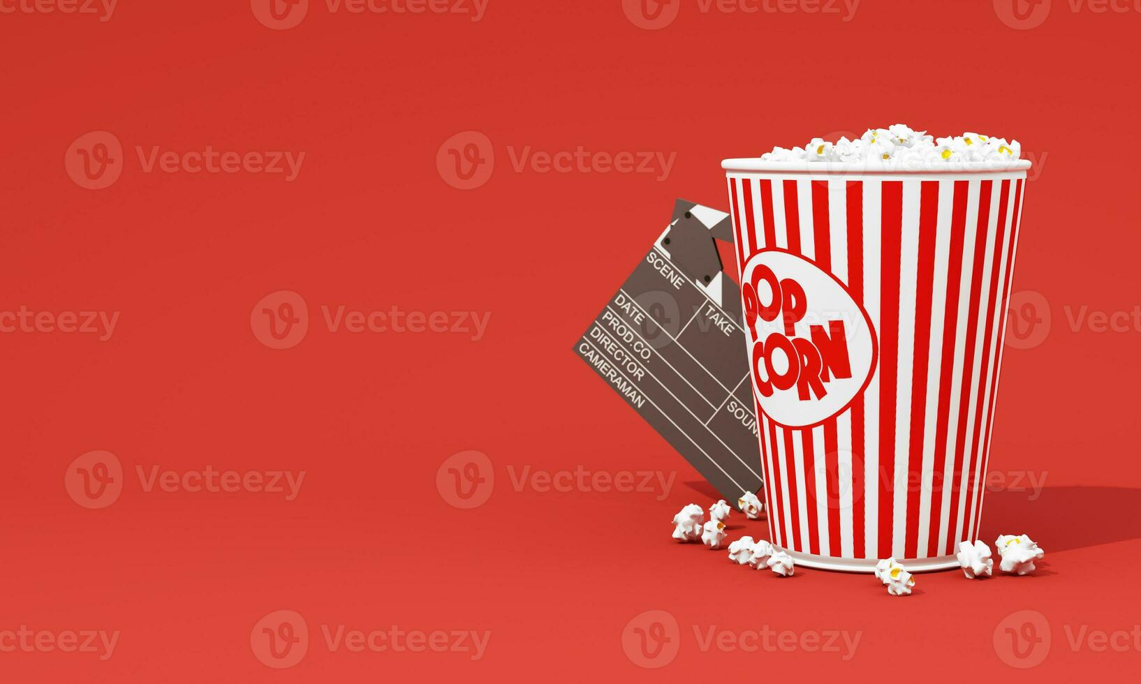 Film Zeit 3d machen Illustration. Kino Poster Konzept auf Farbe Hintergrund. Komposition mit Popcorn, Klappe, 3d Brille und Filmstreifen. Kino Banner Design zum Film Theater. foto