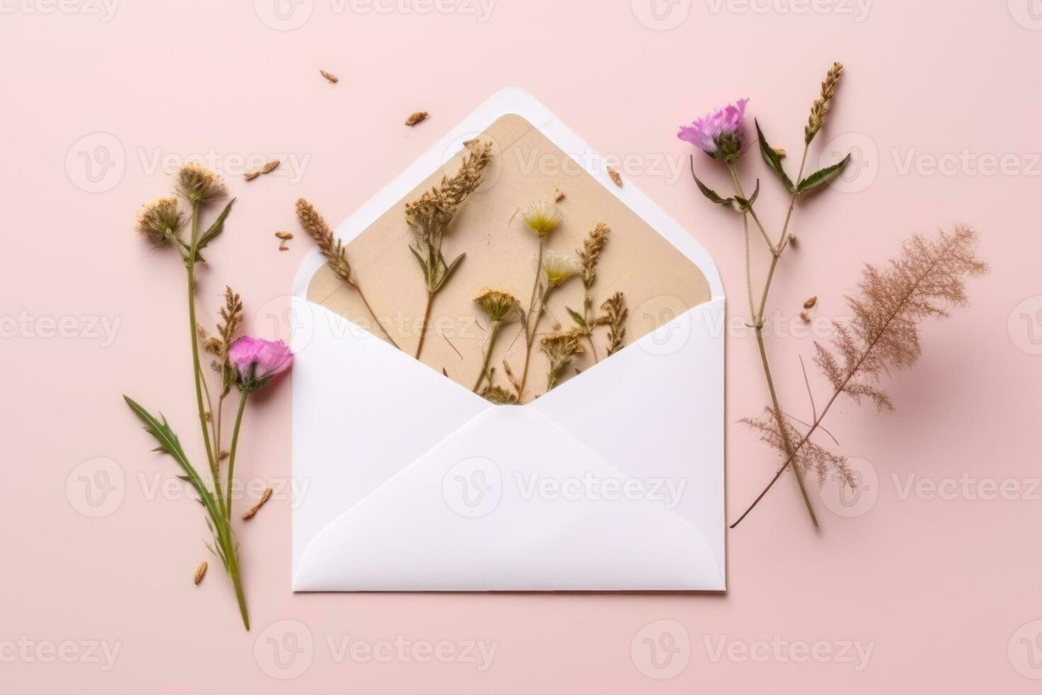Briefumschlag mit Kräuter auf Rosa Hintergrund generativ ai foto