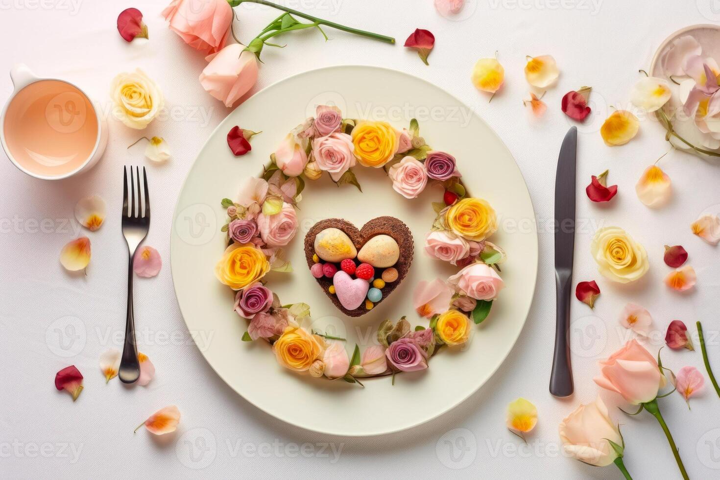 Tabelle Rahmen zum Liebhaber mit Rosa Blumen und Herz oben Aussicht generativ ai foto