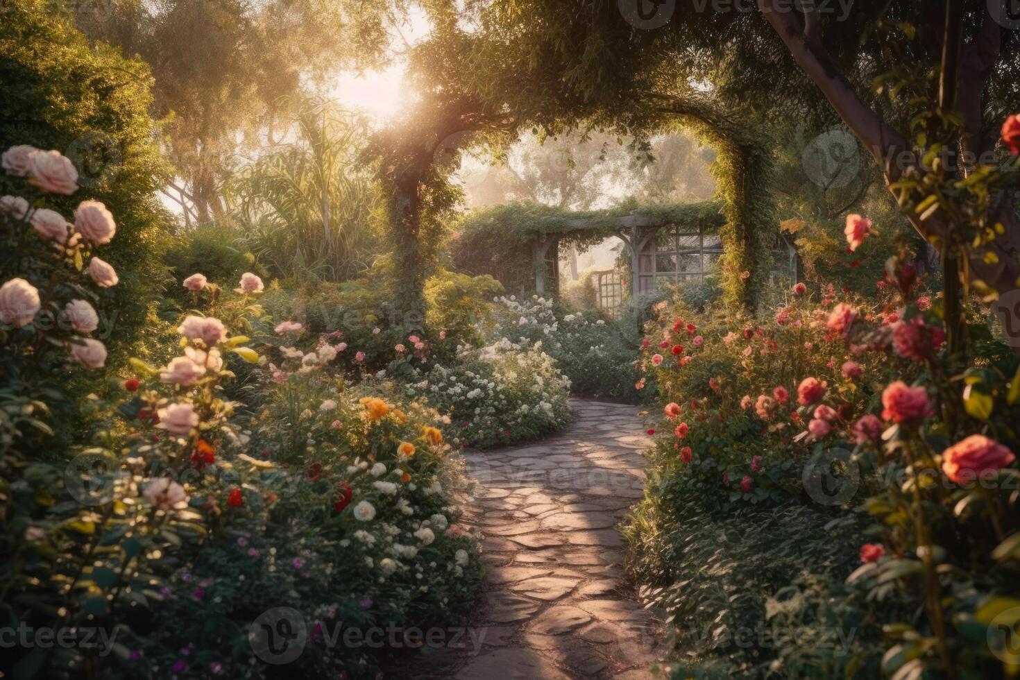 Pfad im das Garten in der Nähe von das Haus wo viele schön Blumen wachsen generativ ai foto