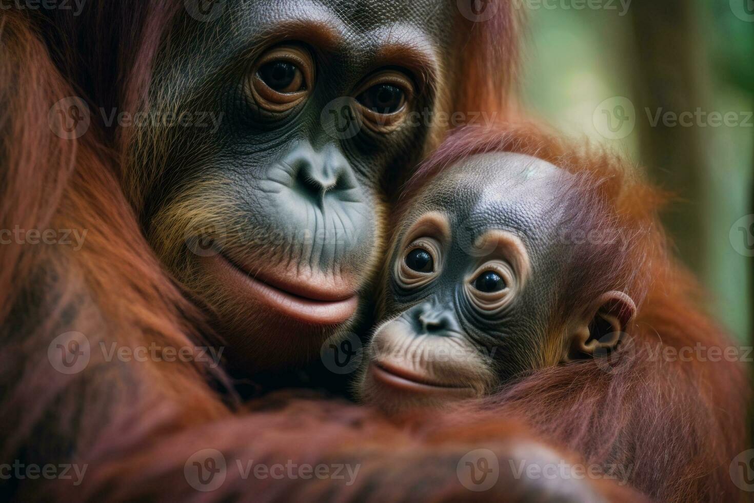 ein weiblich Orang-Utan zärtlich und vorsichtig Umarmungen ihr wenig Jungtier generativ ai foto