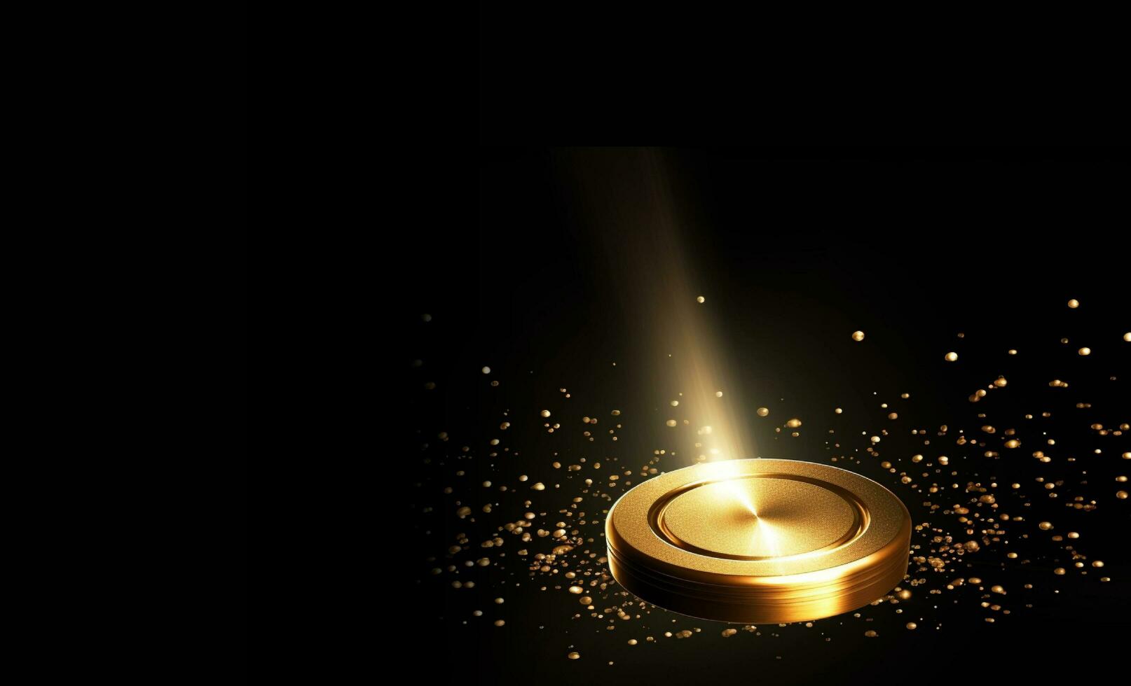 elegant fliegend Gold Münze mit golden funkeln im schwarz Hintergrund. Krypto Währung modern Illustration Hintergrund. foto