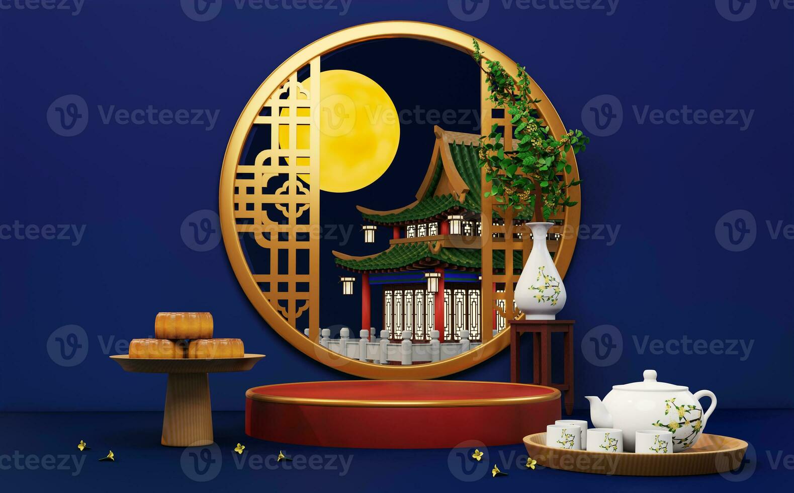3d Rendern mitte Herbst Festival Stand Hintergrund mit Mond Kuchen, Teekanne Satz, osmanthus Blumen, kreisförmig Fenster foto