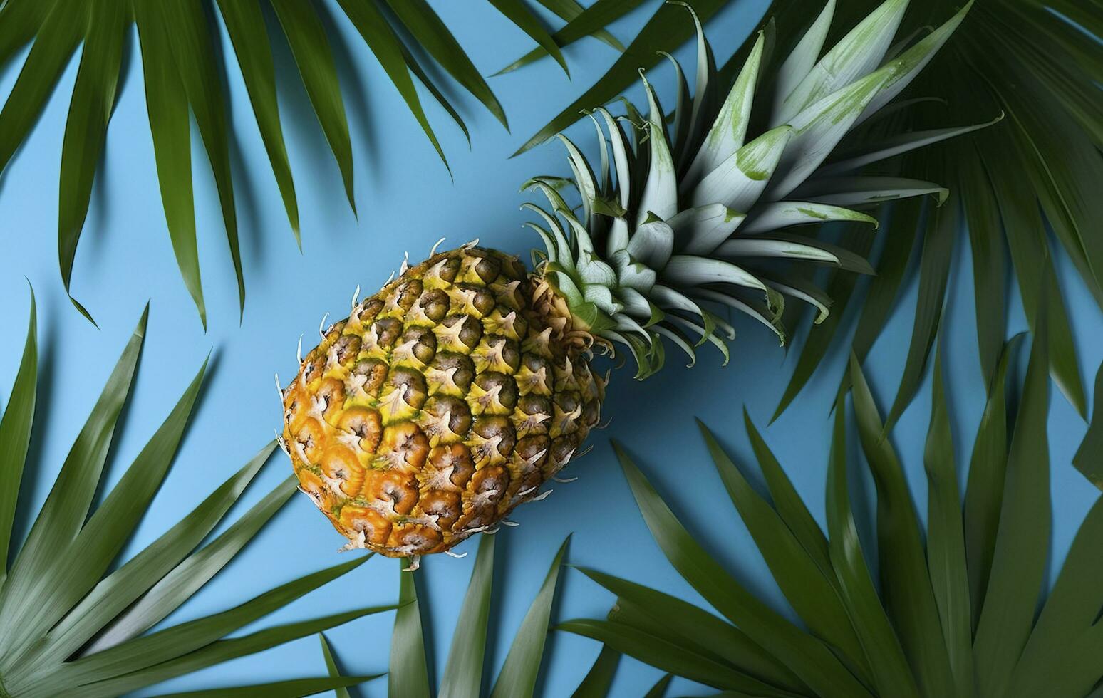 oben Aussicht von frisch Ananas mit tropisch Blätter auf Blau Hintergrund. , generieren ai foto