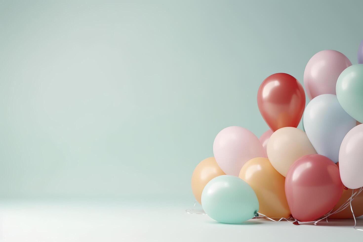 bunt Helium Luftballons auf Licht Pastell- Hintergrund mit kostenlos Raum zum Text. Geburtstag Feier, Hochzeit oder Baby Dusche Dekor. kreativ Idee zum Party und Feier, Gruß Karte. ai generiert. foto