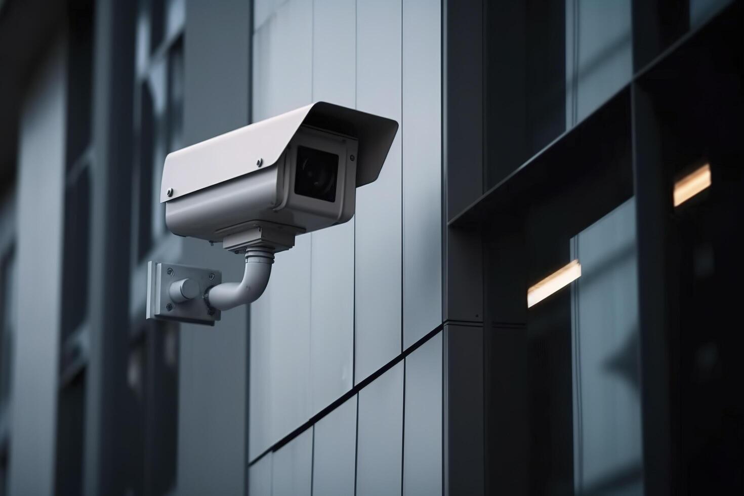 Sicherheit Kamera auf modern Gebäude. Fachmann Überwachung Kameras. cctv auf das Mauer im das Stadt. Sicherheit System, Technologie. Video Ausrüstung zum Sicherheit System Bereich Steuerung draussen. ai generiert. foto